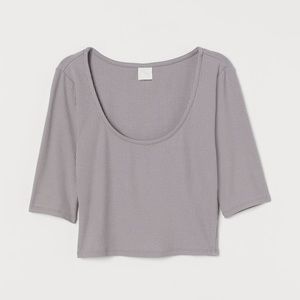 H&M Ribbed Cropped 1/2 Sleeve Taupe Mauve Stretchy Crop Top Size Large